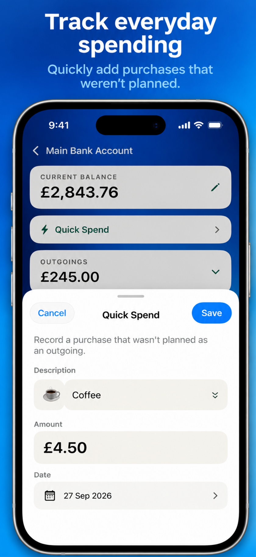 Quick Spend entry screen